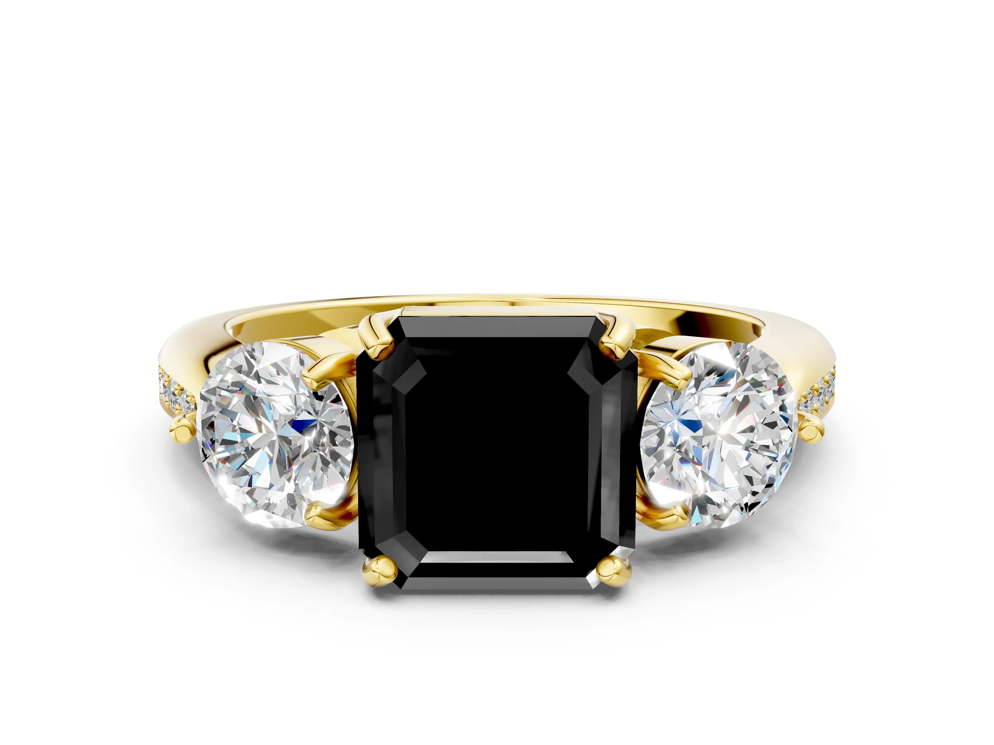Yellow gold Three-Stone Fancy Black Asscher Cut Diamond Channel Set Engagement Ring with Prong Setting