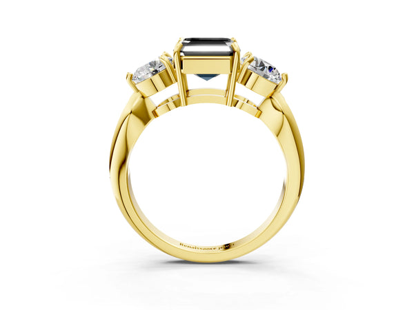 Yellow Gold Asscher Cut Three Stone Engagement Ring Setting for Black Center with Tapered Pave Band