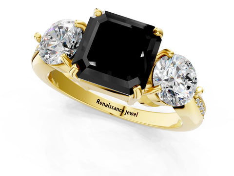 Yellow gold Three-Stone Fancy Black Asscher Cut Diamond Channel Set Engagement Ring with Prong Setting_1