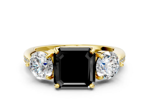 Yellow gold Three-Stone Fancy Black Asscher Cut Diamond Channel Set Engagement Ring with Prong Setting