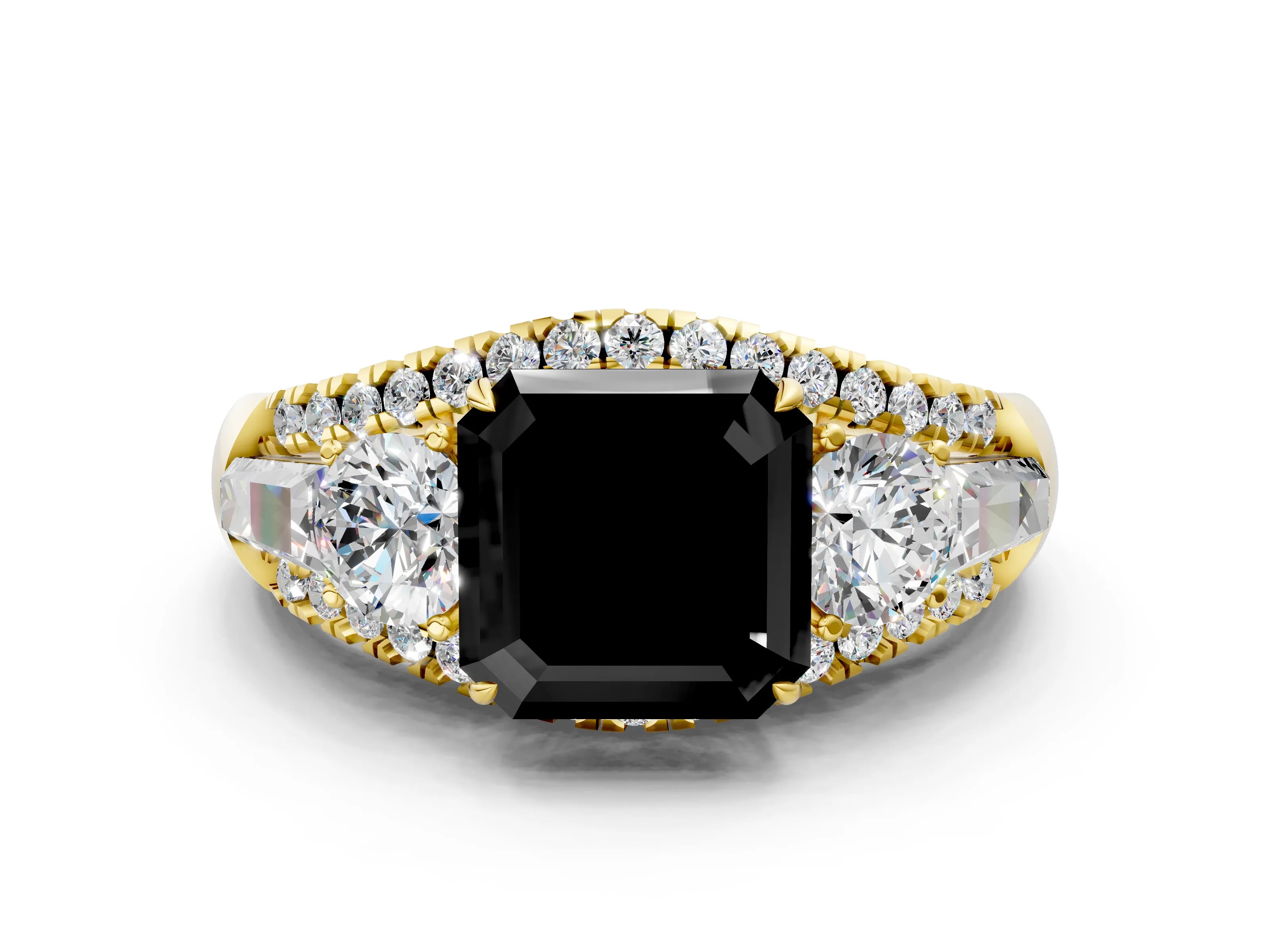 Yellow gold Three-Stone Fancy Black Asscher Cut Diamond Engagement Ring with Pave Band and Prong Setting