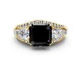 Yellow gold Three-Stone Fancy Black Asscher Cut Diamond Engagement Ring with Pave Band and Prong Setting