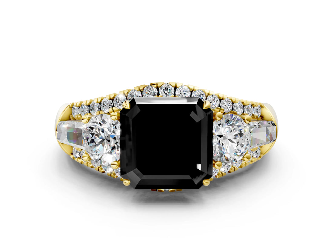 Yellow gold Three-Stone Fancy Black Asscher Cut Diamond Engagement Ring with Pave Band and Prong Setting_12
