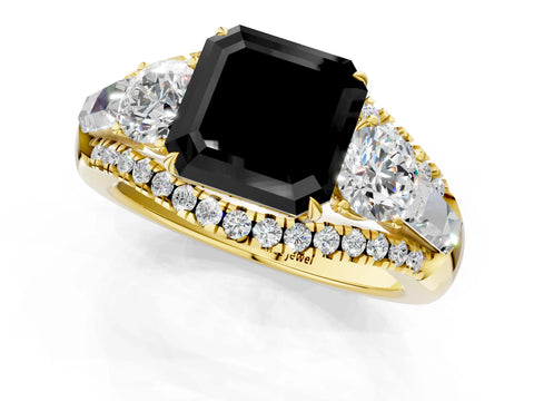 Yellow gold Three-Stone Fancy Black Asscher Cut Diamond Engagement Ring with Pave Band and Prong Setting_1