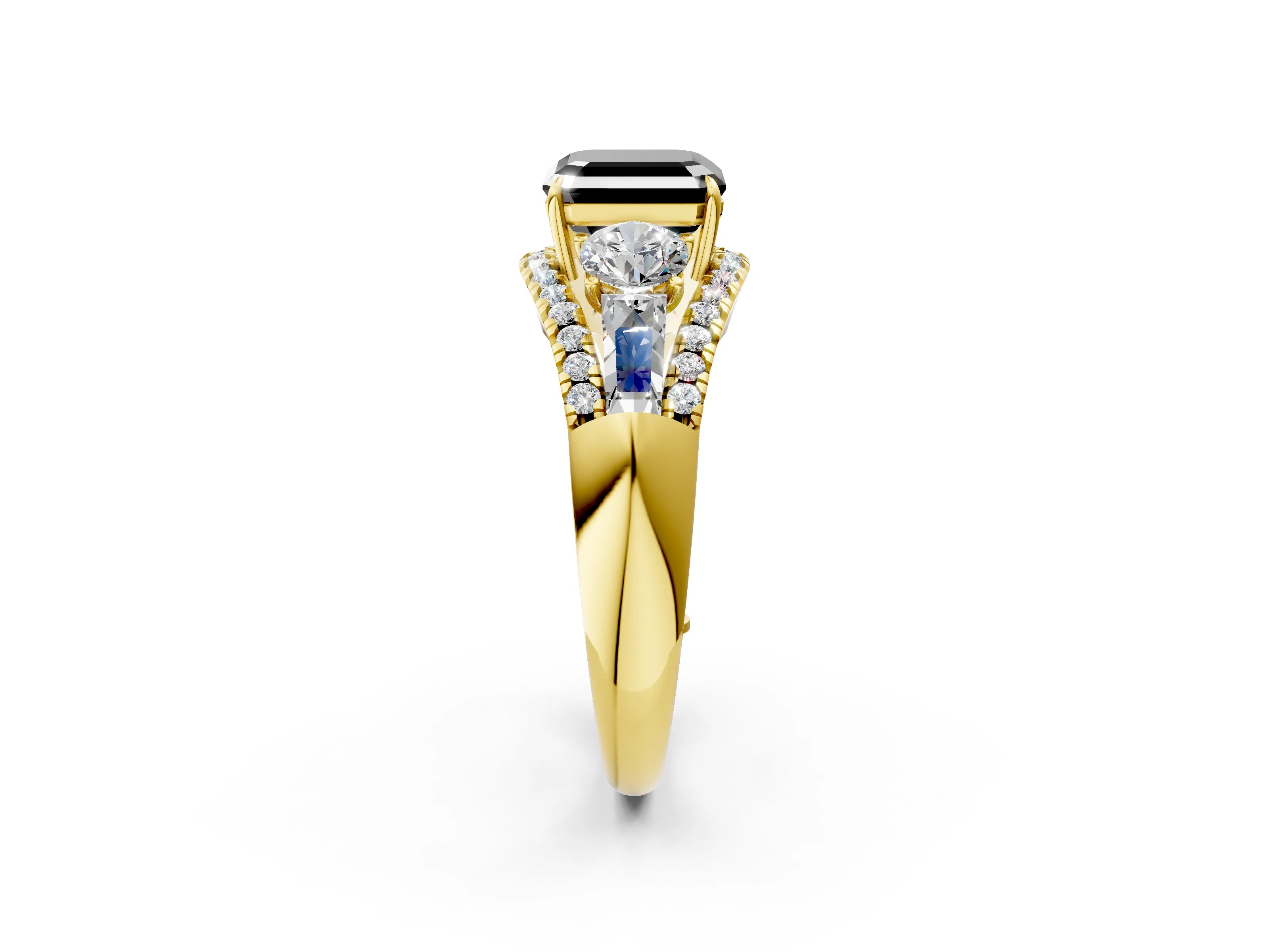 Yellow gold Three-Stone Fancy Black Asscher Cut Diamond Engagement Ring with Pave Band and Prong Setting_2