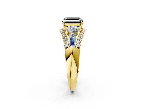 Yellow gold Three-Stone Fancy Black Asscher Cut Diamond Engagement Ring with Pave Band and Prong Setting_2