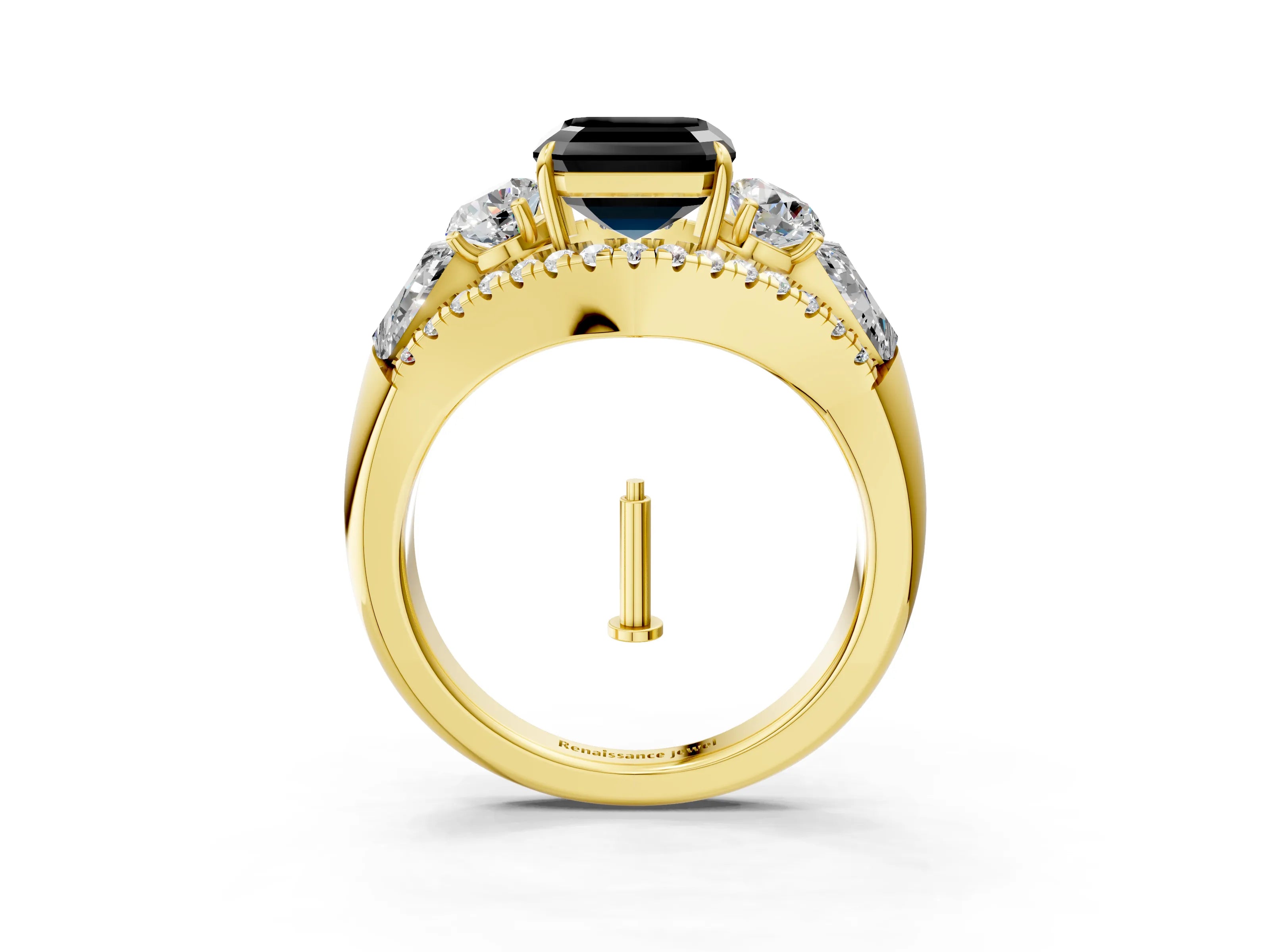 Yellow gold Three-Stone Fancy Black Asscher Cut Diamond Engagement Ring with Pave Band and Prong Setting_3