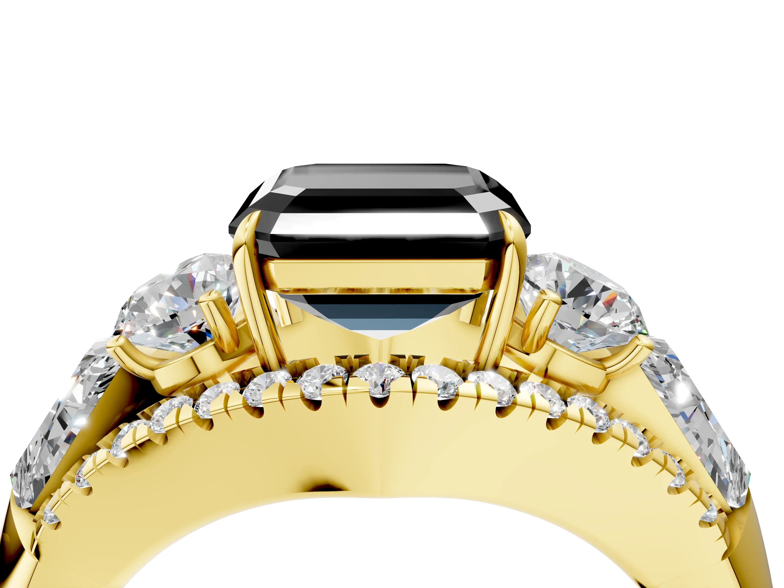 Yellow gold Three-Stone Fancy Black Asscher Cut Diamond Engagement Ring with Pave Band and Prong Setting_4