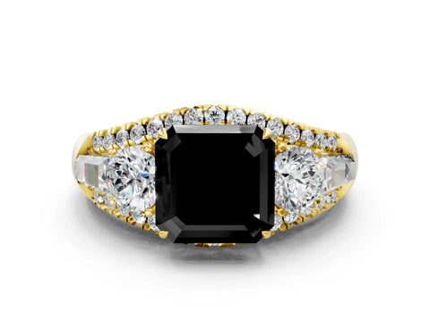 Yellow gold Three-Stone Fancy Black Asscher Cut Diamond Engagement Ring with Pave Band and Prong Setting