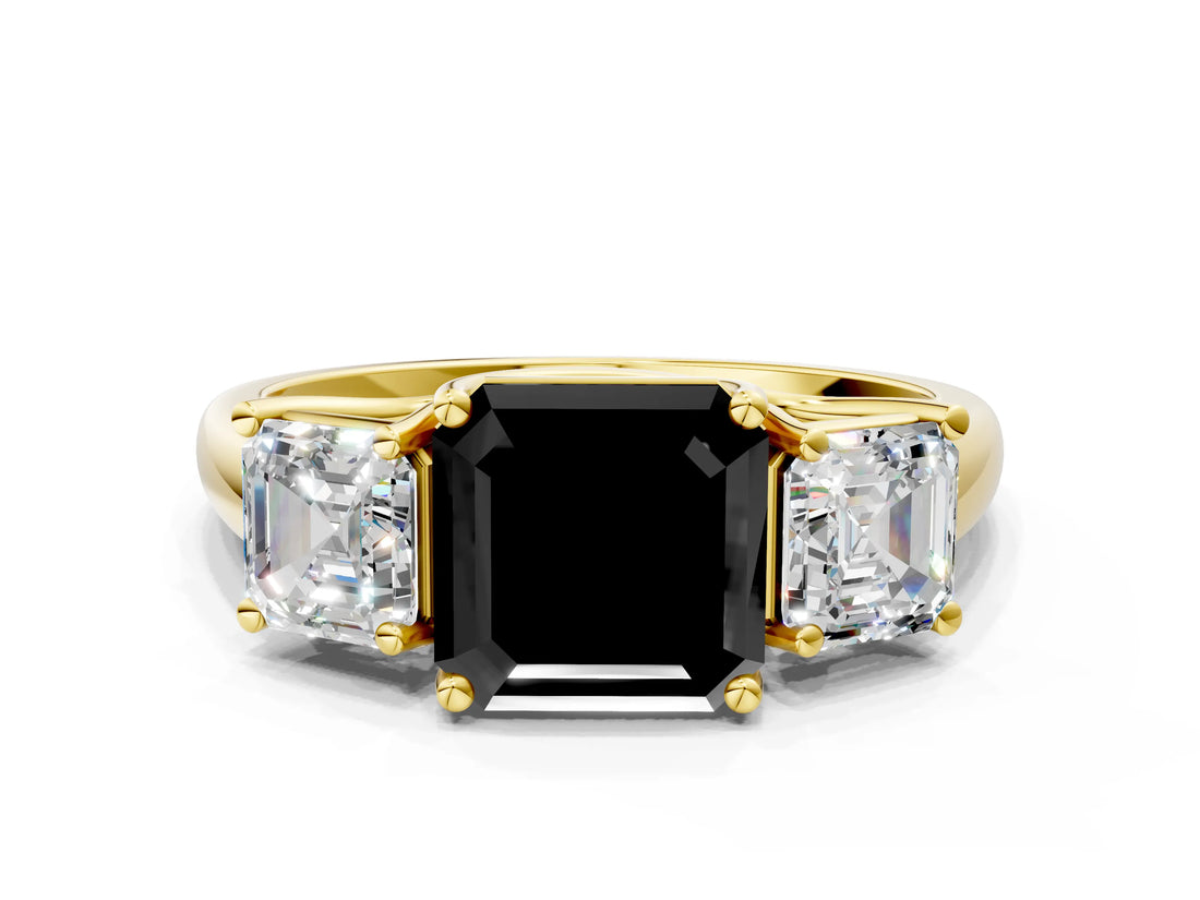 Yellow gold Three-Stone Fancy Black Asscher Cut Diamond Engagement Ring with Prong Setting_3
