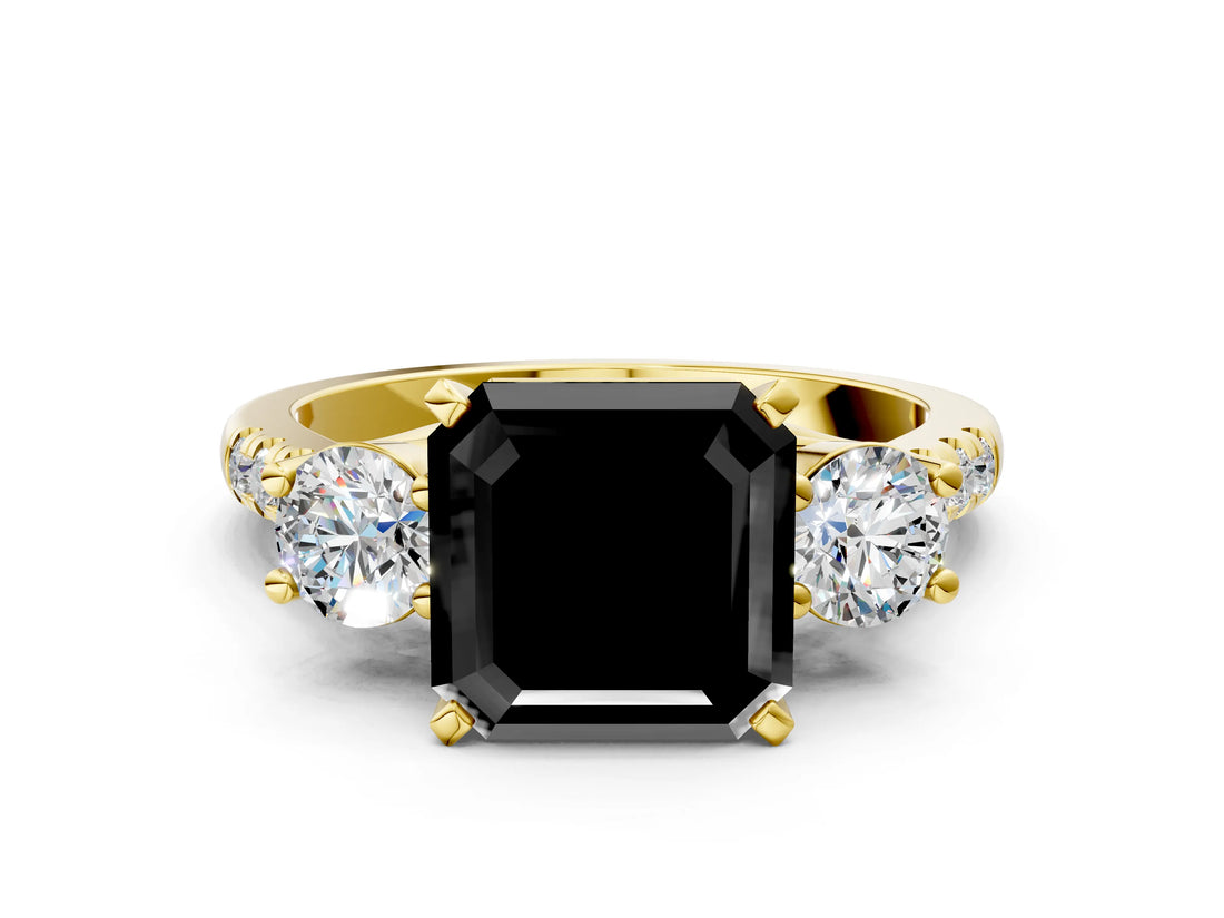Yellow gold Three-Stone Fancy Black Asscher Cut Diamond Pavé Band with Four-Prong Setting