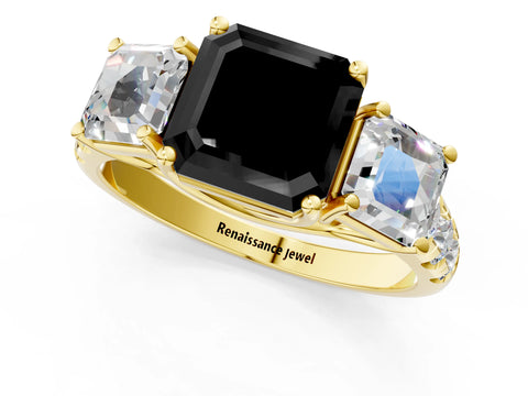 Yellow gold Three-Stone Fancy Black Asscher Cut Diamond Pavé Band with Prong Setting_1
