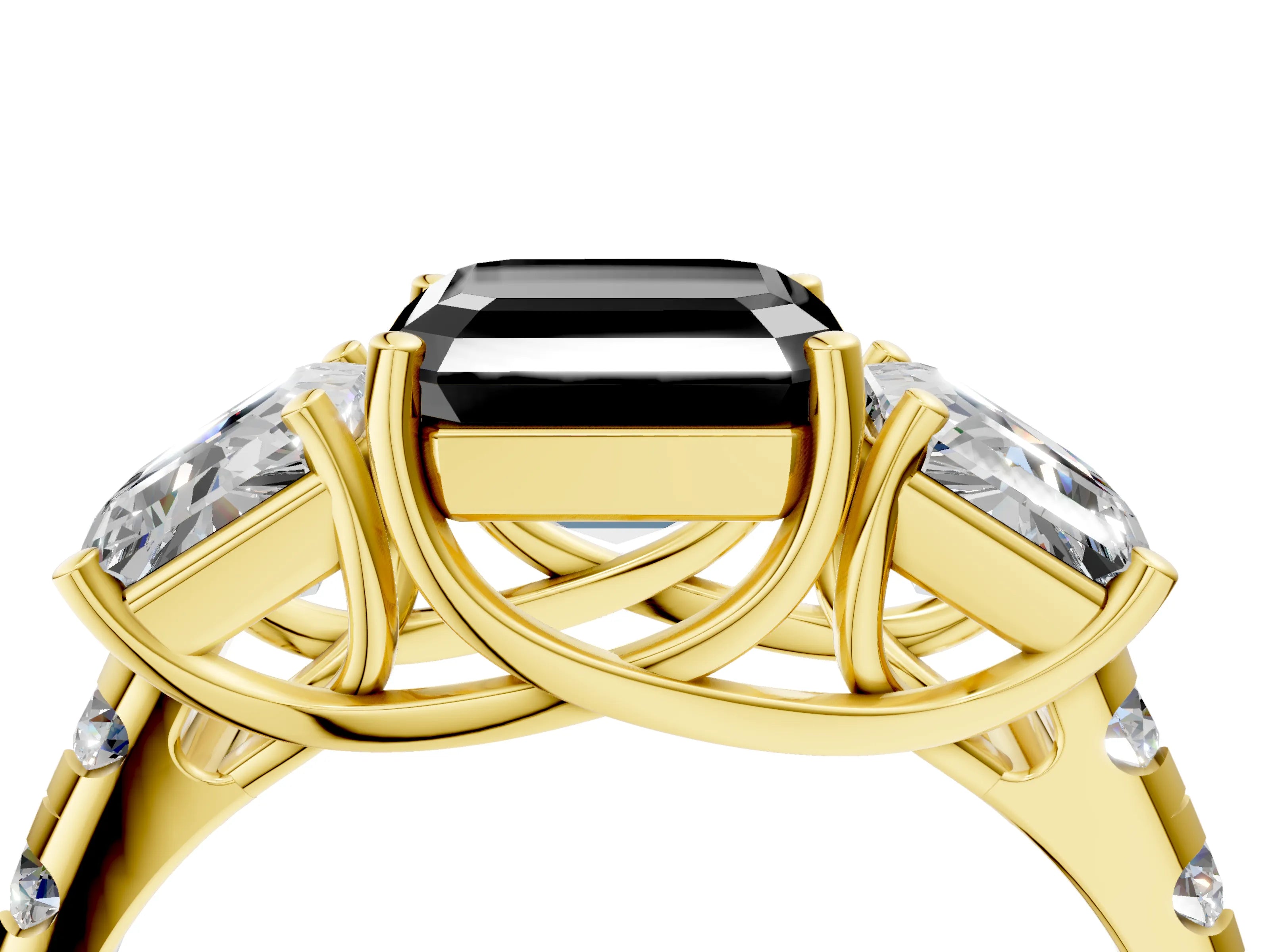 Yellow gold Three-Stone Fancy Black Asscher Cut Diamond Pavé Band with Prong Setting_4