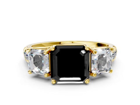 Yellow gold Three-Stone Fancy Black Asscher Cut Diamond Pavé Band with Prong Setting