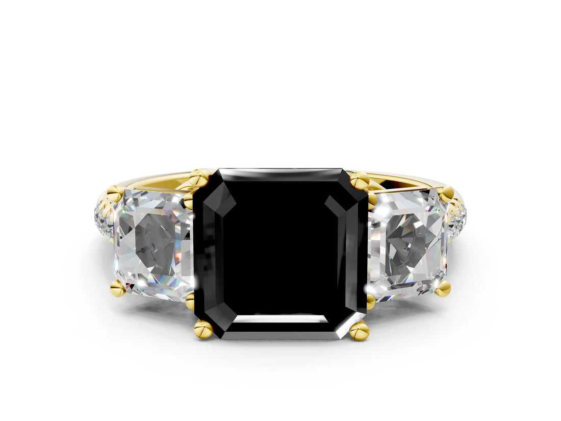 Yellow gold Three-Stone Fancy Black Asscher Cut Diamond Ring with Pavé Band and Prong Setting_24