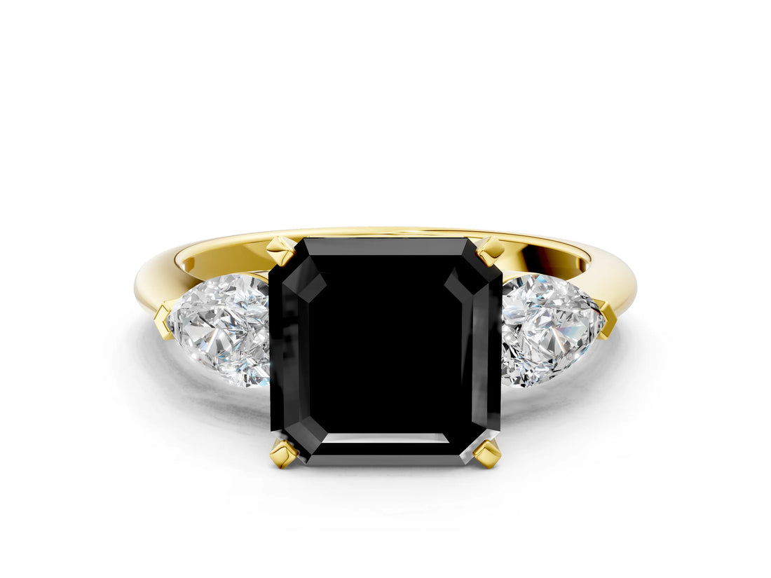 Yellow gold Three-Stone Fancy Black Asscher Cut Diamond Ring with Pear Side Stones and Four-Prong Setting