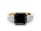 Yellow gold Three-Stone Fancy Black Asscher Cut Diamond Ring with Pear Side Stones and Four-Prong Setting