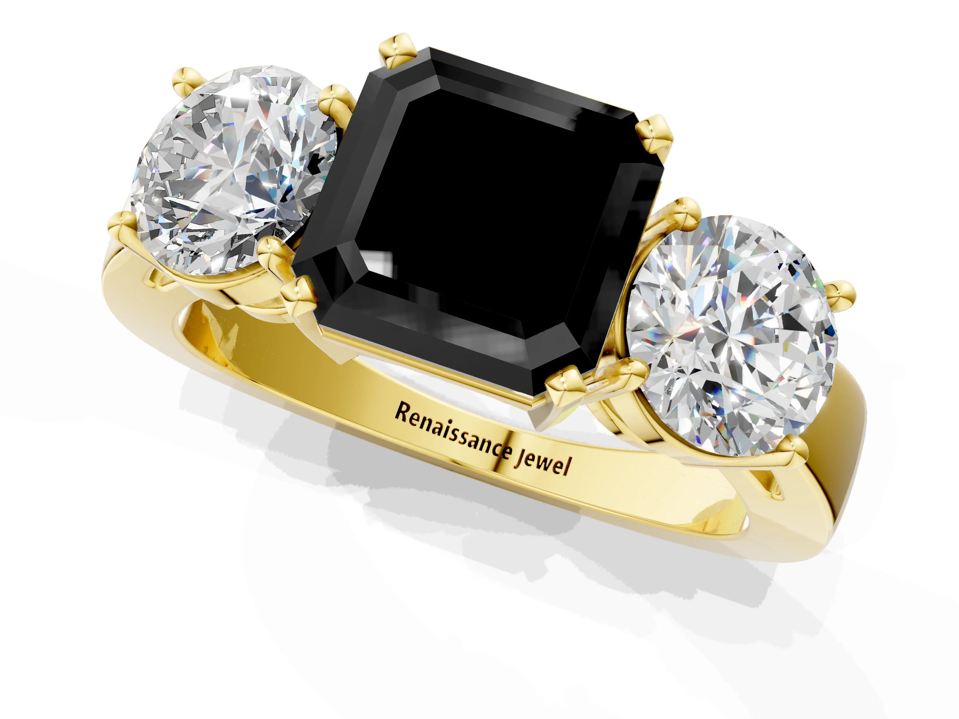 Yellow gold Three-Stone Fancy Black Asscher Cut Diamond Ring with Round Side Stones, Classic Band, and Four-Prong Setting_1