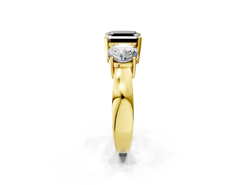 Yellow gold Three-Stone Fancy Black Asscher Cut Diamond Ring with Round Side Stones, Classic Band, and Four-Prong Setting_2