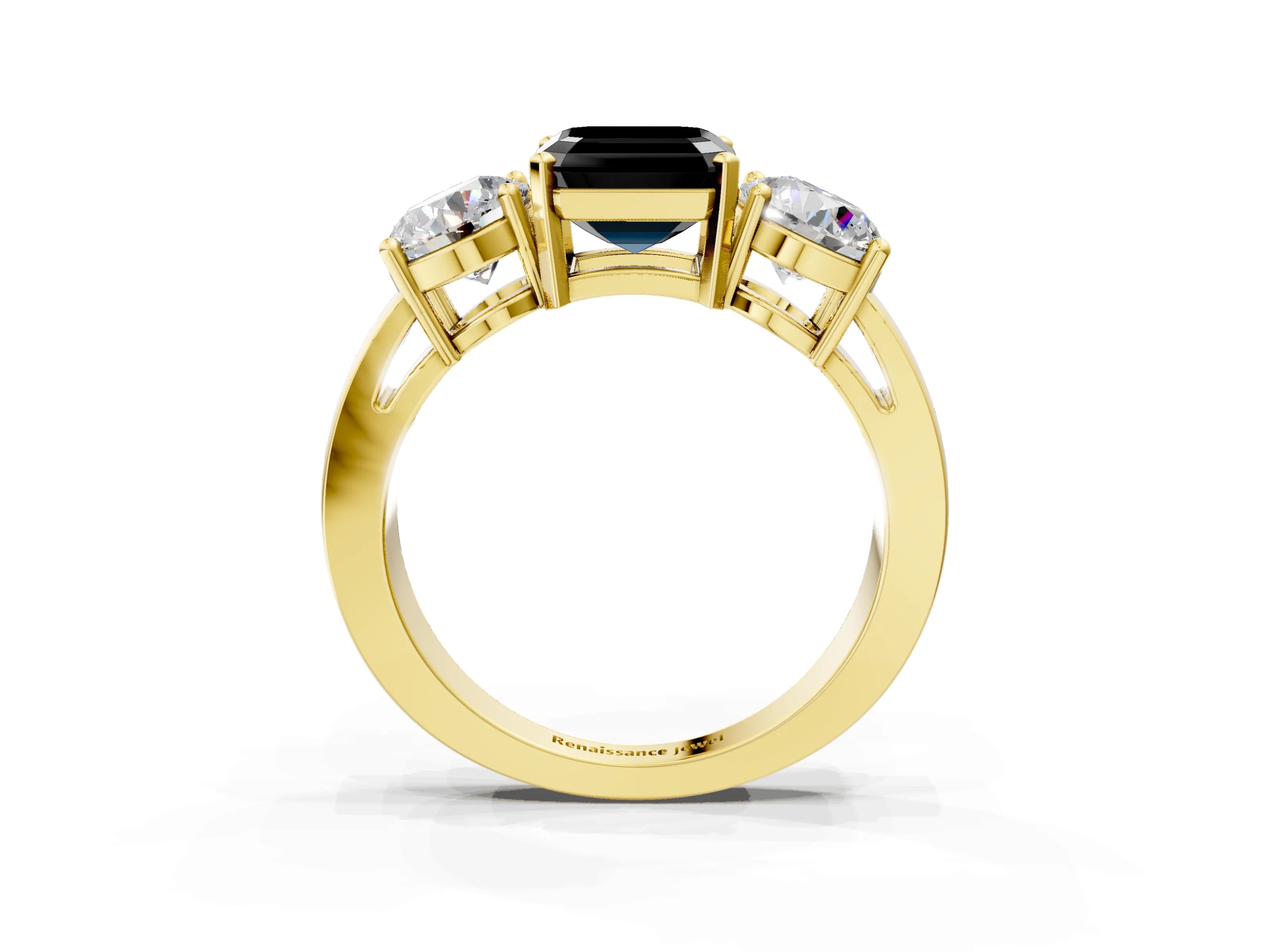 Yellow gold Three-Stone Fancy Black Asscher Cut Diamond Ring with Round Side Stones, Classic Band, and Four-Prong Setting_3