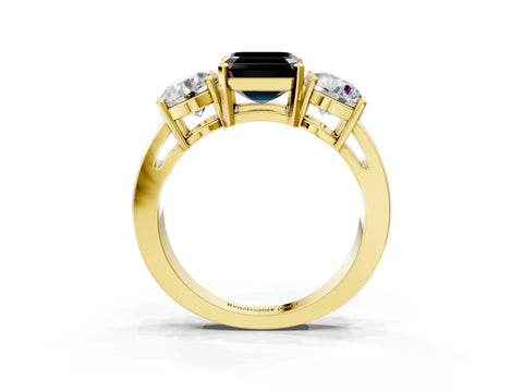 Yellow gold Three-Stone Fancy Black Asscher Cut Diamond Ring with Round Side Stones, Classic Band, and Four-Prong Setting_3