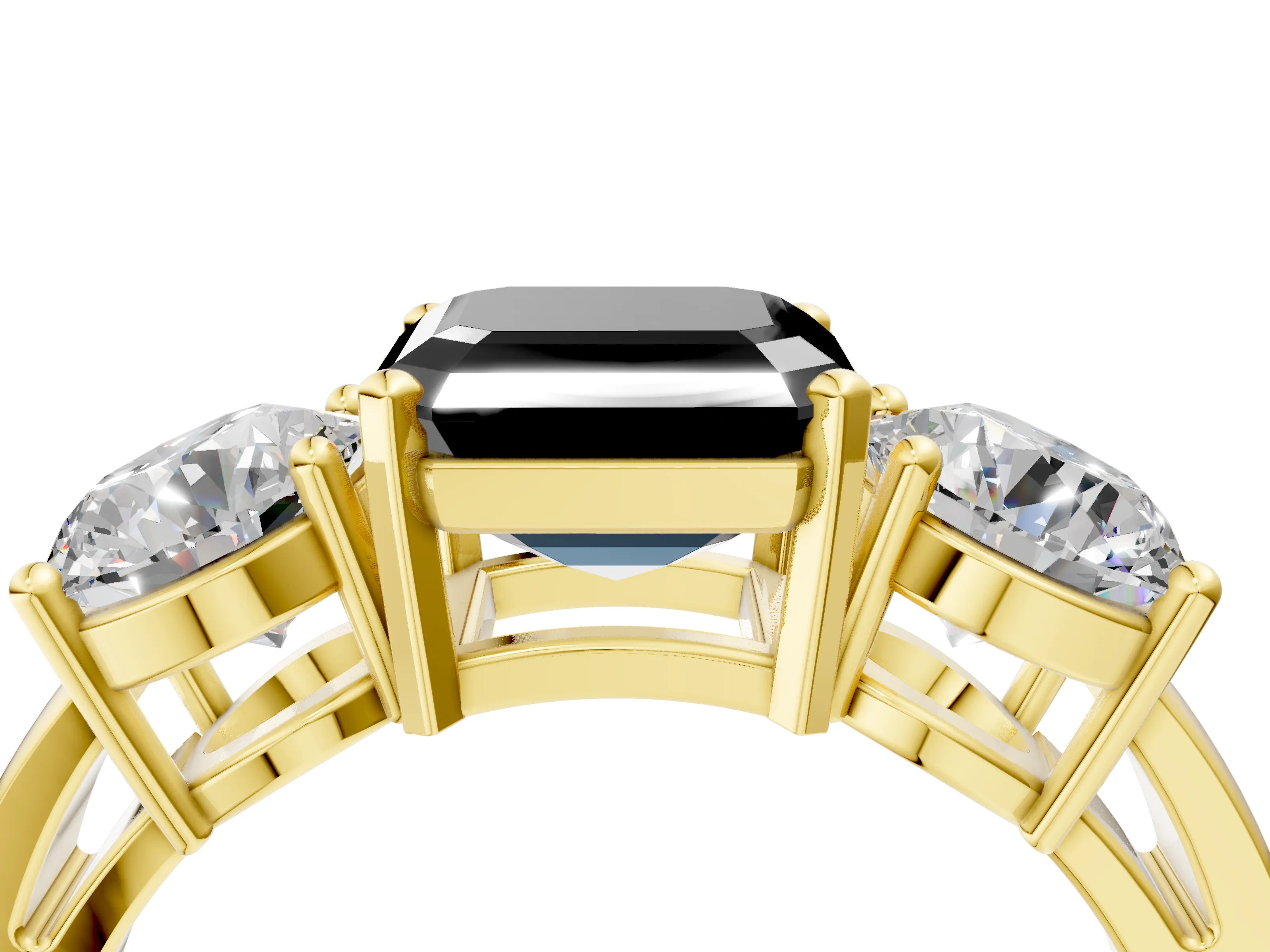 Yellow gold Three-Stone Fancy Black Asscher Cut Diamond Ring with Round Side Stones, Classic Band, and Four-Prong Setting_4