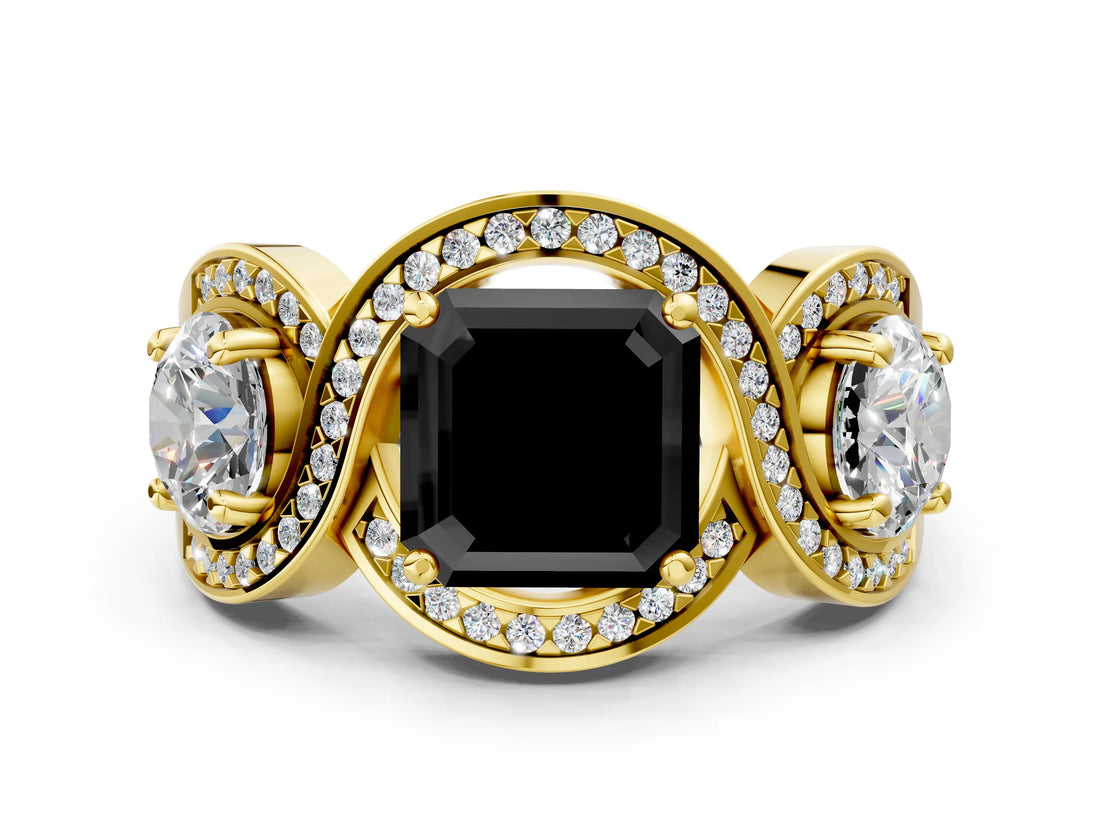 Yellow gold Three-Stone Fancy Black Asscher Cut Diamond Wave Pave Band with Prong Setting