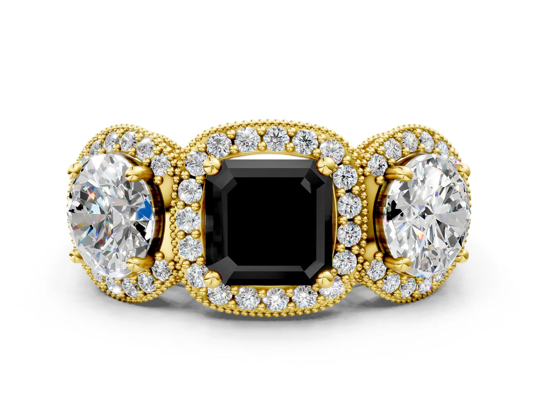 Yellow gold Three-Stone Fancy Black Asscher Cut Halo Diamond Milgrain Band with Four-Prong Setting