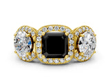Yellow gold Three-Stone Fancy Black Asscher Cut Halo Diamond Milgrain Band with Four-Prong Setting