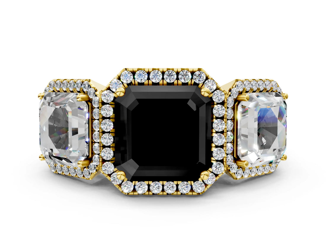 Yellow gold Three-Stone Fancy Black Asscher Cut Halo Diamond Ring with Pave Band and Four-Prong Setting