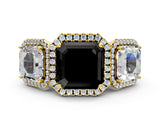 Yellow gold Three-Stone Fancy Black Asscher Cut Halo Diamond Ring with Pave Band and Four-Prong Setting