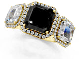 Yellow gold Three-Stone Fancy Black Asscher Cut Halo Diamond Ring with Pave Band and Four-Prong Setting_1