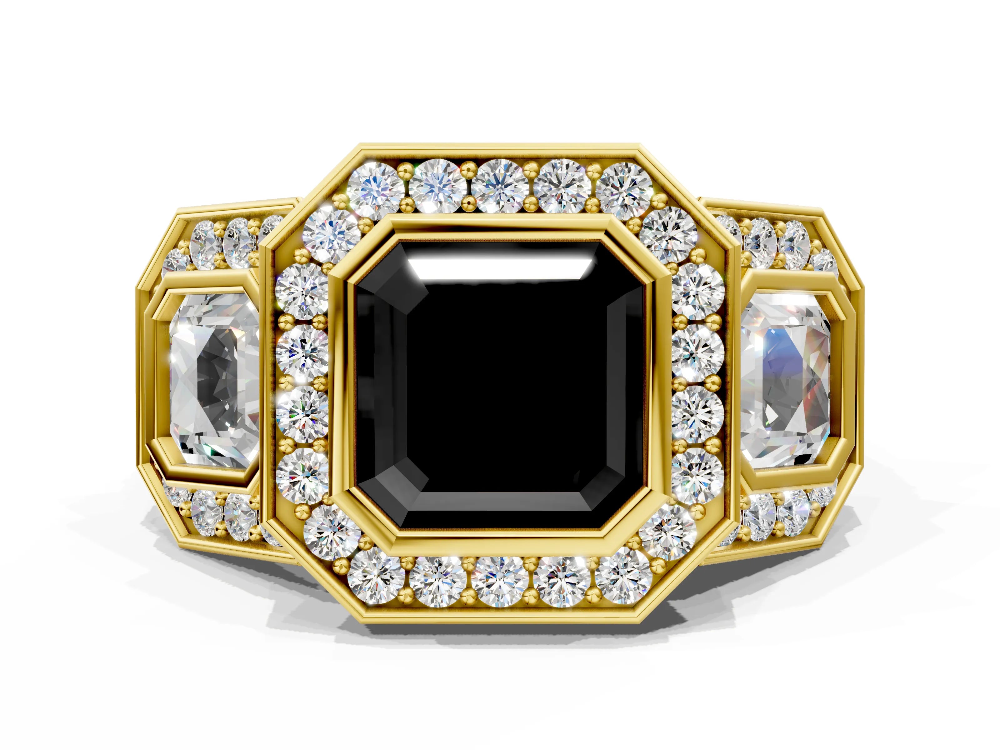 Yellow gold Three-Stone Fancy Black Asscher Cut Halo Pavé Diamond Ring