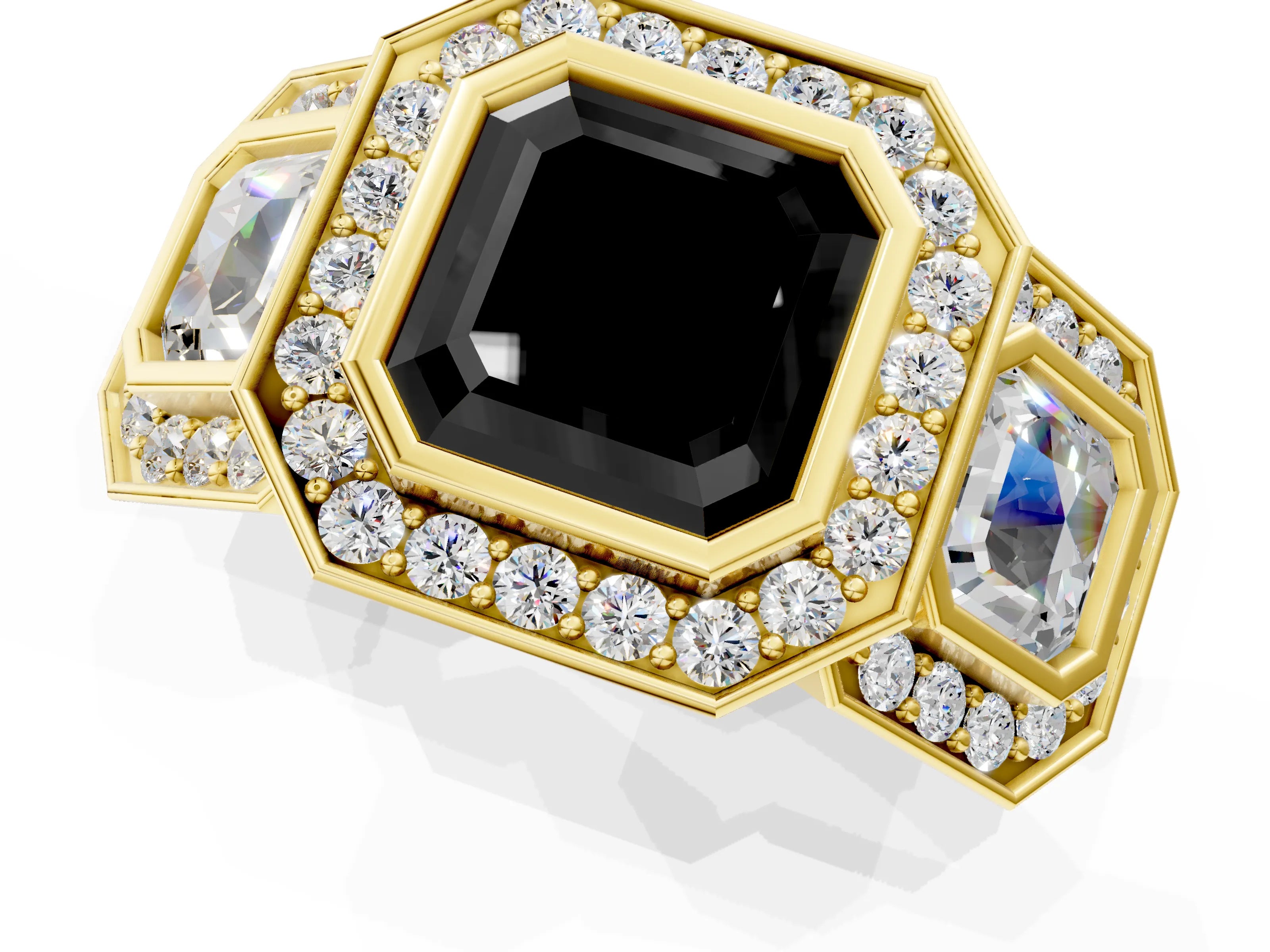 Yellow gold Three-Stone Fancy Black Asscher Cut Halo Pavé Diamond Ring_1