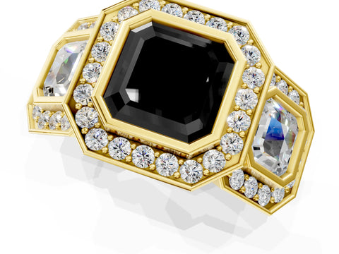 Yellow gold Three-Stone Fancy Black Asscher Cut Halo Pavé Diamond Ring_1