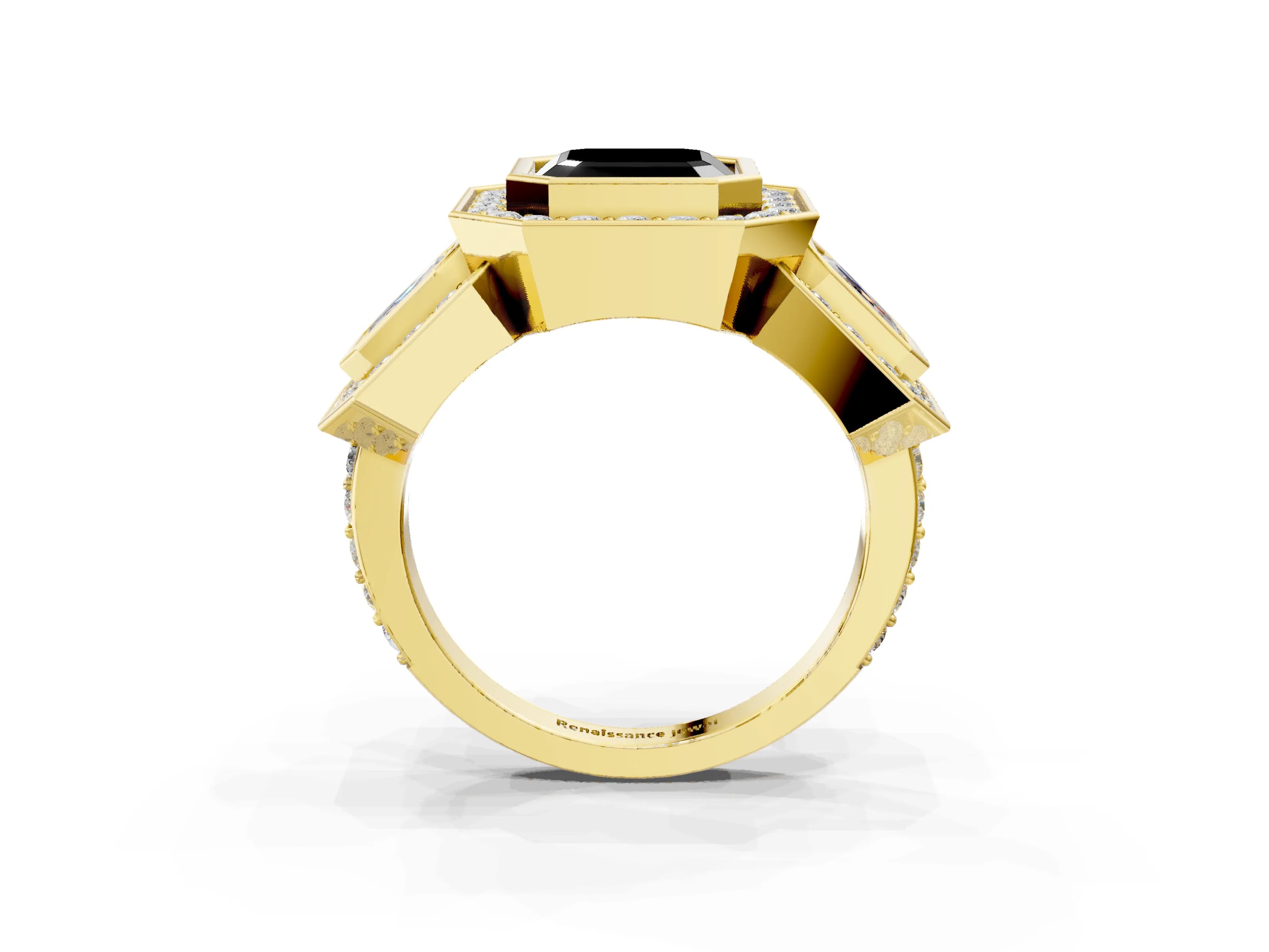 Yellow gold Three-Stone Fancy Black Asscher Cut Halo Pavé Diamond Ring_3