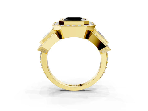 Yellow gold Three-Stone Fancy Black Asscher Cut Halo Pavé Diamond Ring_3