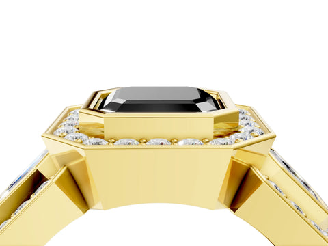 Yellow gold Three-Stone Fancy Black Asscher Cut Halo Pavé Diamond Ring_4