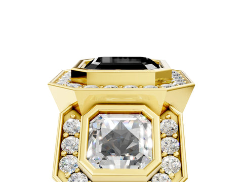 Yellow gold Three-Stone Fancy Black Asscher Cut Halo Pavé Diamond Ring_5
