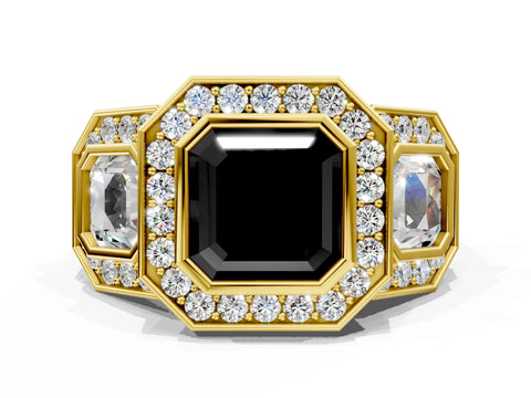 Yellow gold Three-Stone Fancy Black Asscher Cut Halo Pavé Diamond Ring