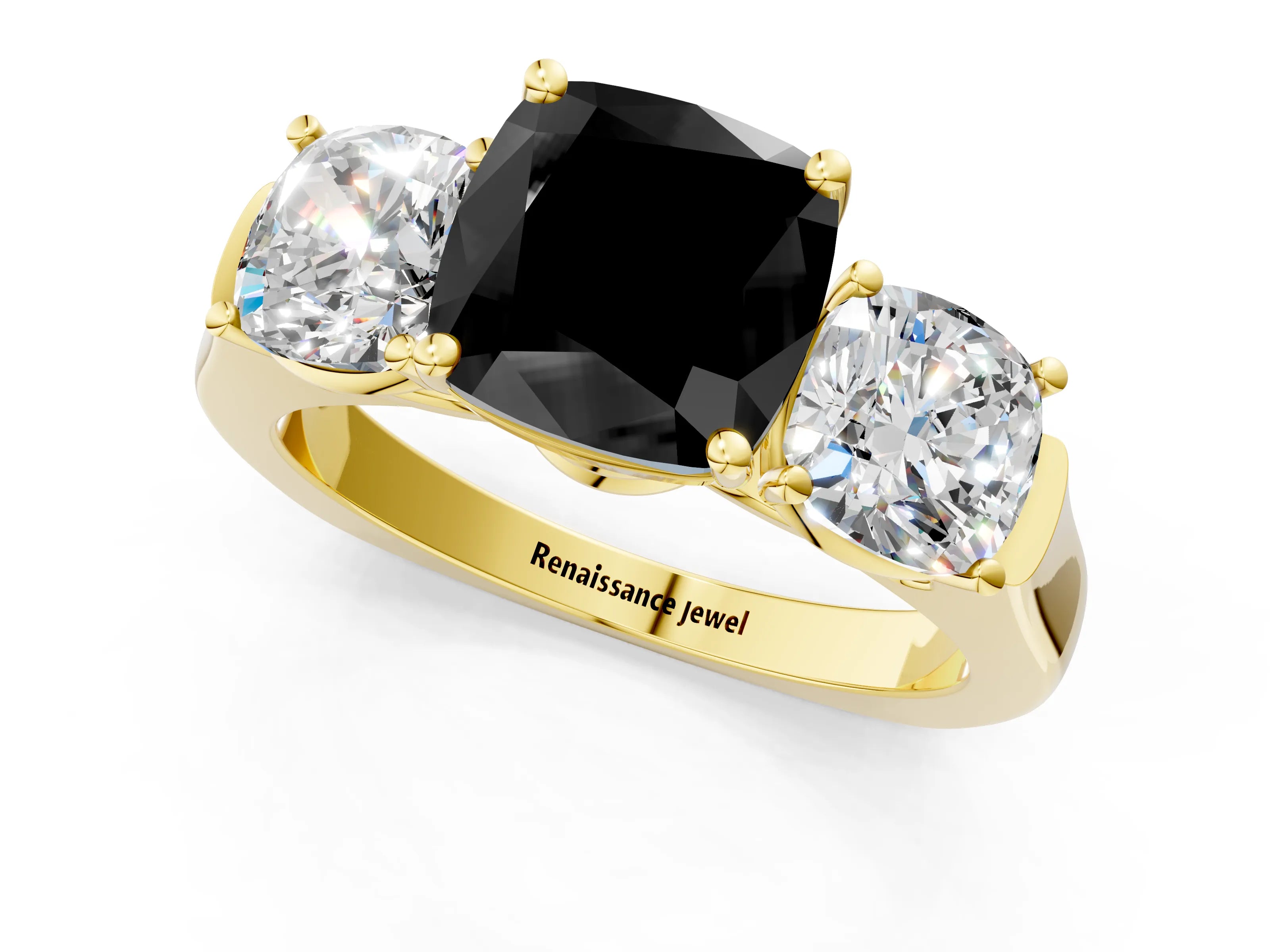 Yellow gold Three-Stone Fancy Black Cushion Cut Brilliant Diamond Trellis Ring with Comfort Fit Band_1