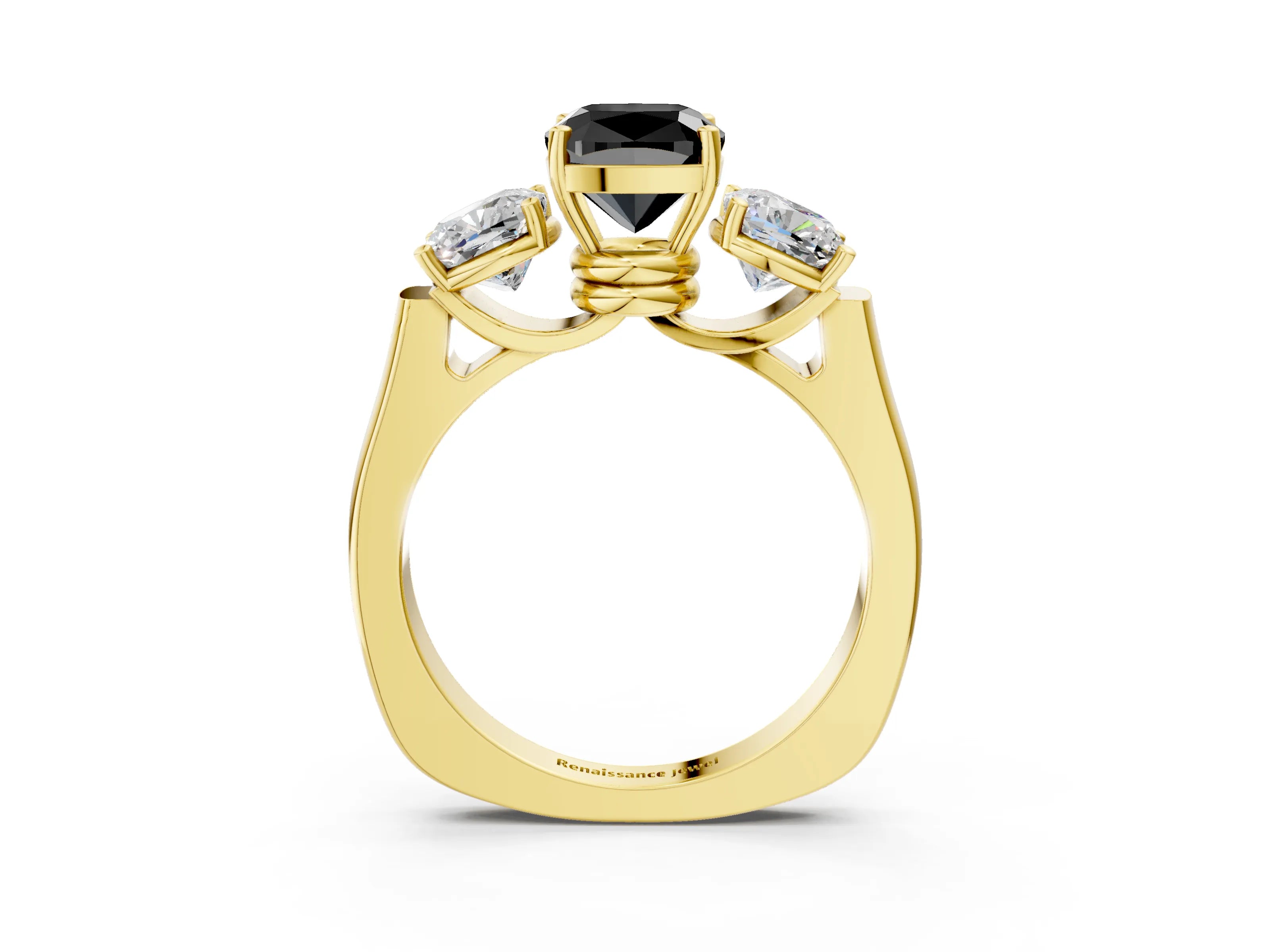 Yellow gold Three-Stone Fancy Black Cushion Cut Brilliant Diamond Trellis Ring with Comfort Fit Band_3