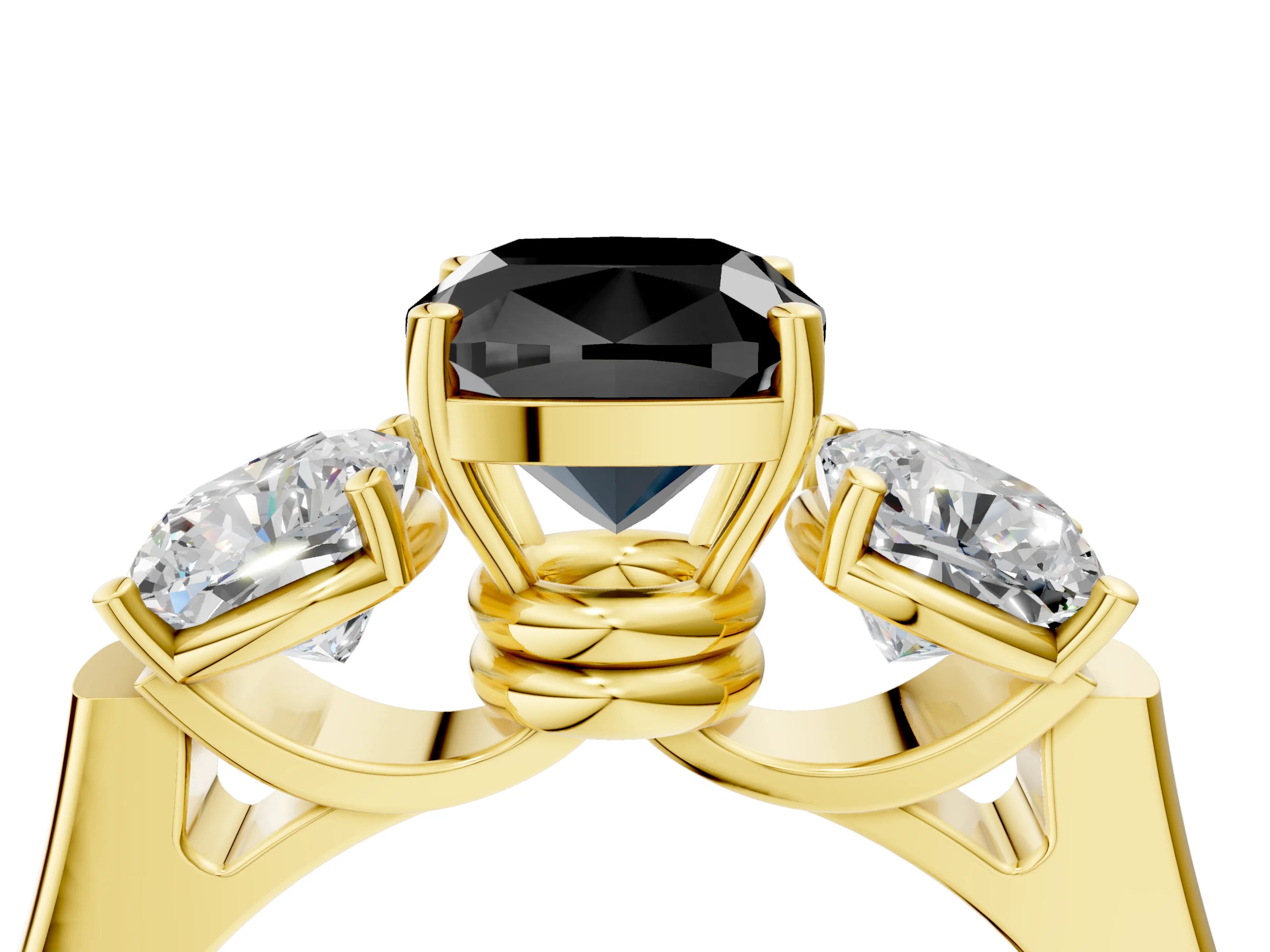 Yellow gold Three-Stone Fancy Black Cushion Cut Brilliant Diamond Trellis Ring with Comfort Fit Band_4