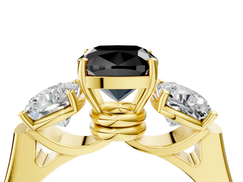 Yellow gold Three-Stone Fancy Black Cushion Cut Brilliant Diamond Trellis Ring with Comfort Fit Band_4