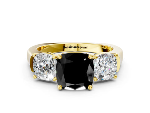 Yellow gold Three-Stone Fancy Black Cushion Cut Brilliant Diamond Trellis Ring with Comfort Fit Band