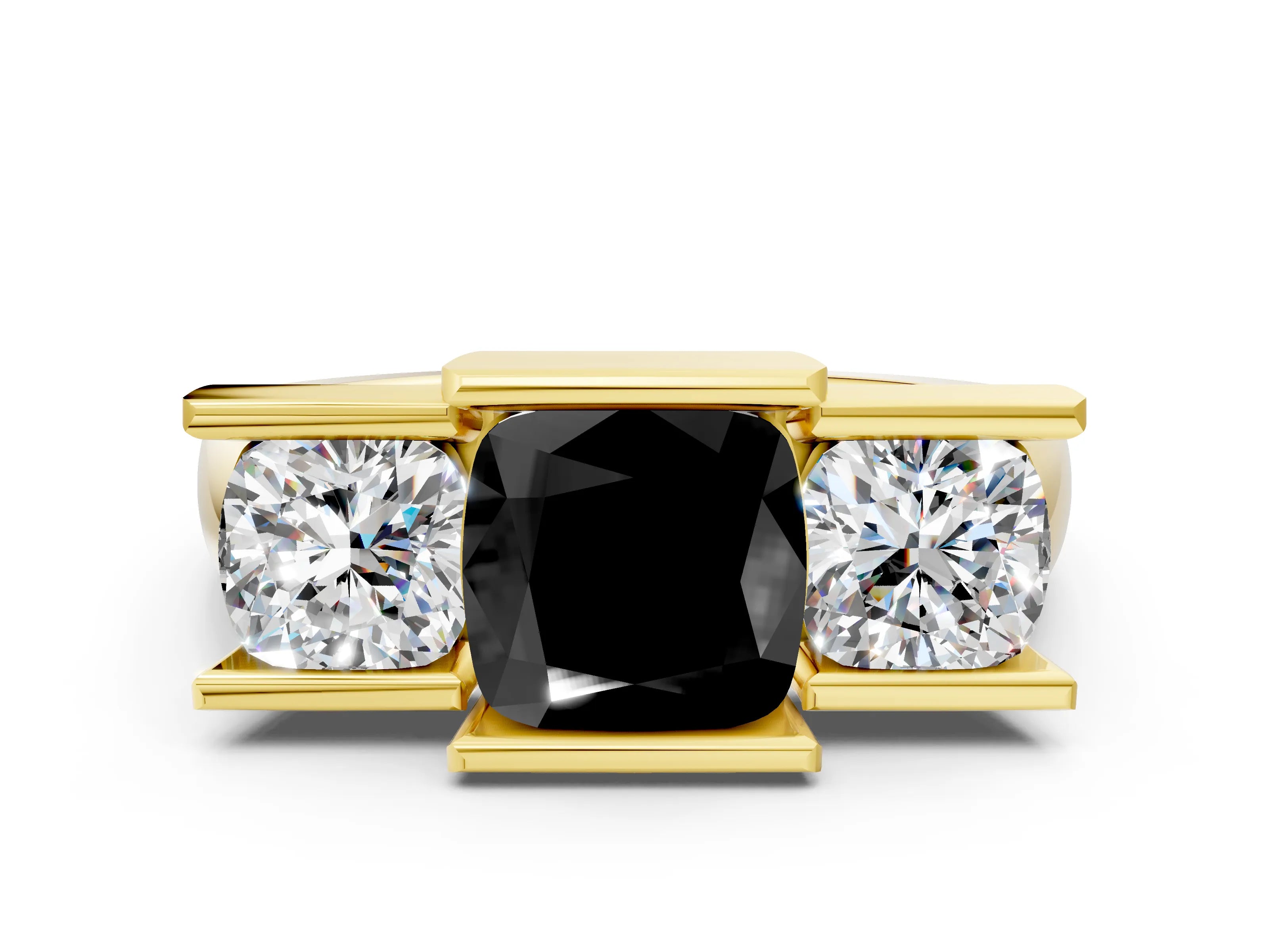 Yellow gold Three Stone Fancy Black Cushion Cut Cut Channel Set Diamond Ring