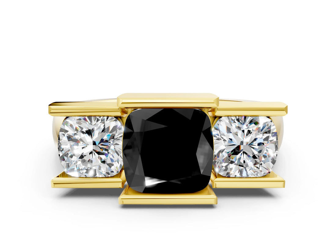 Yellow gold Three Stone Fancy Black Cushion Cut Cut Channel Set Diamond Ring