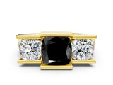 Yellow gold Three Stone Fancy Black Cushion Cut Cut Channel Set Diamond Ring