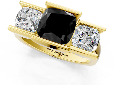 Yellow gold Three Stone Fancy Black Cushion Cut Cut Channel Set Diamond Ring_1