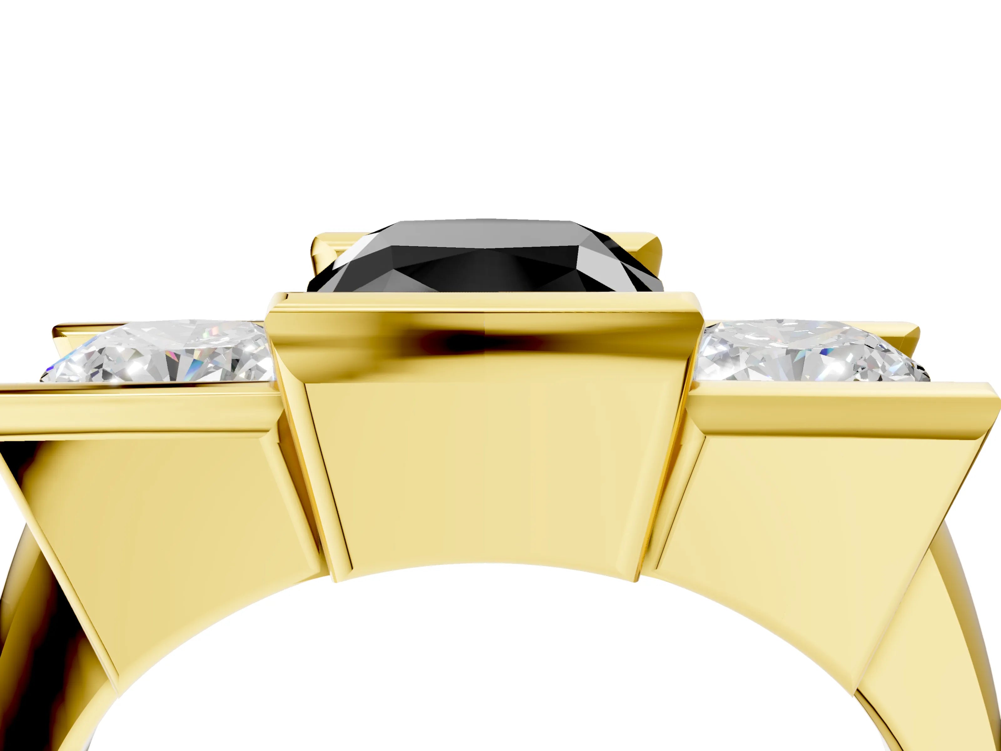 Yellow gold Three Stone Fancy Black Cushion Cut Cut Channel Set Diamond Ring_4